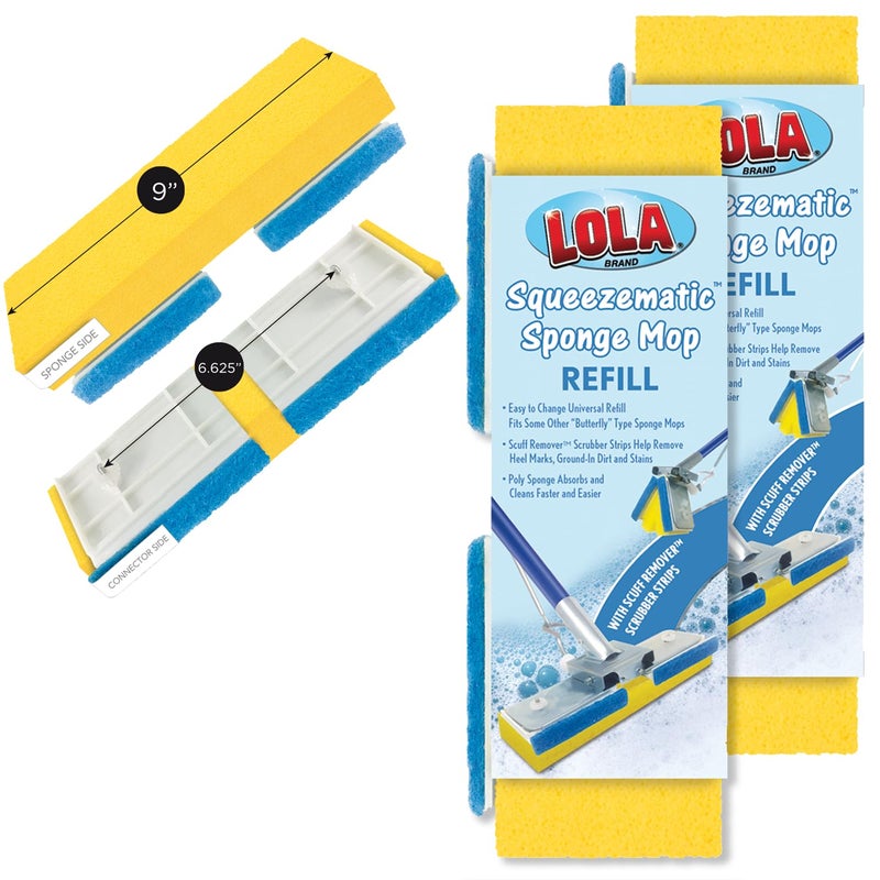 Lola Products Squeeze Matic Butterfly Sponge Mop Refill  9"" Wide Head  Replacement Head for Floor Cleaning  Compatible w/Quickie Type S Sponge Mops  2 Pack - Image 1